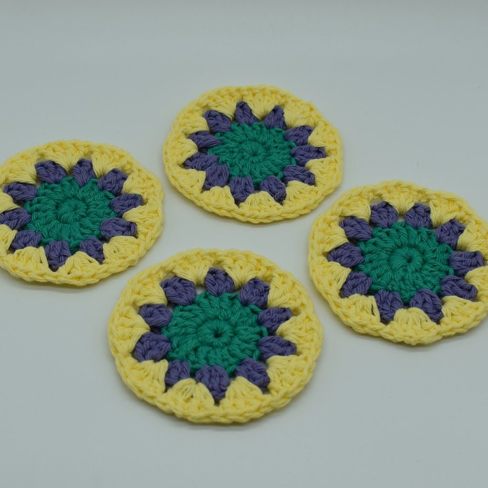 Hand Crafted Crochet flower coasters set of four